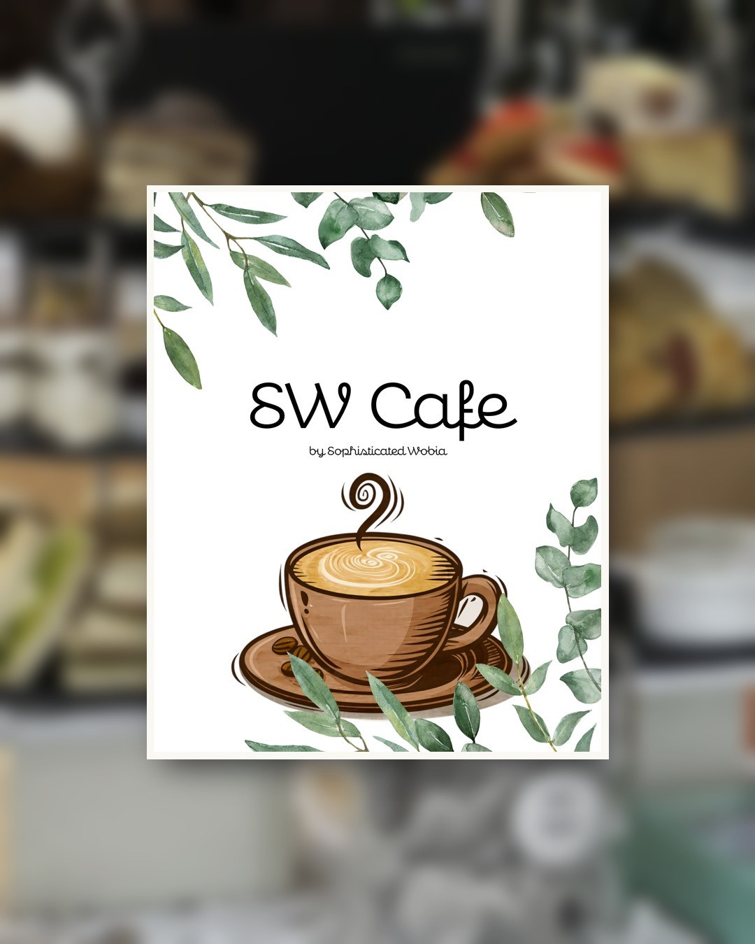 Cafe poster mockup with latte and eucalyptus