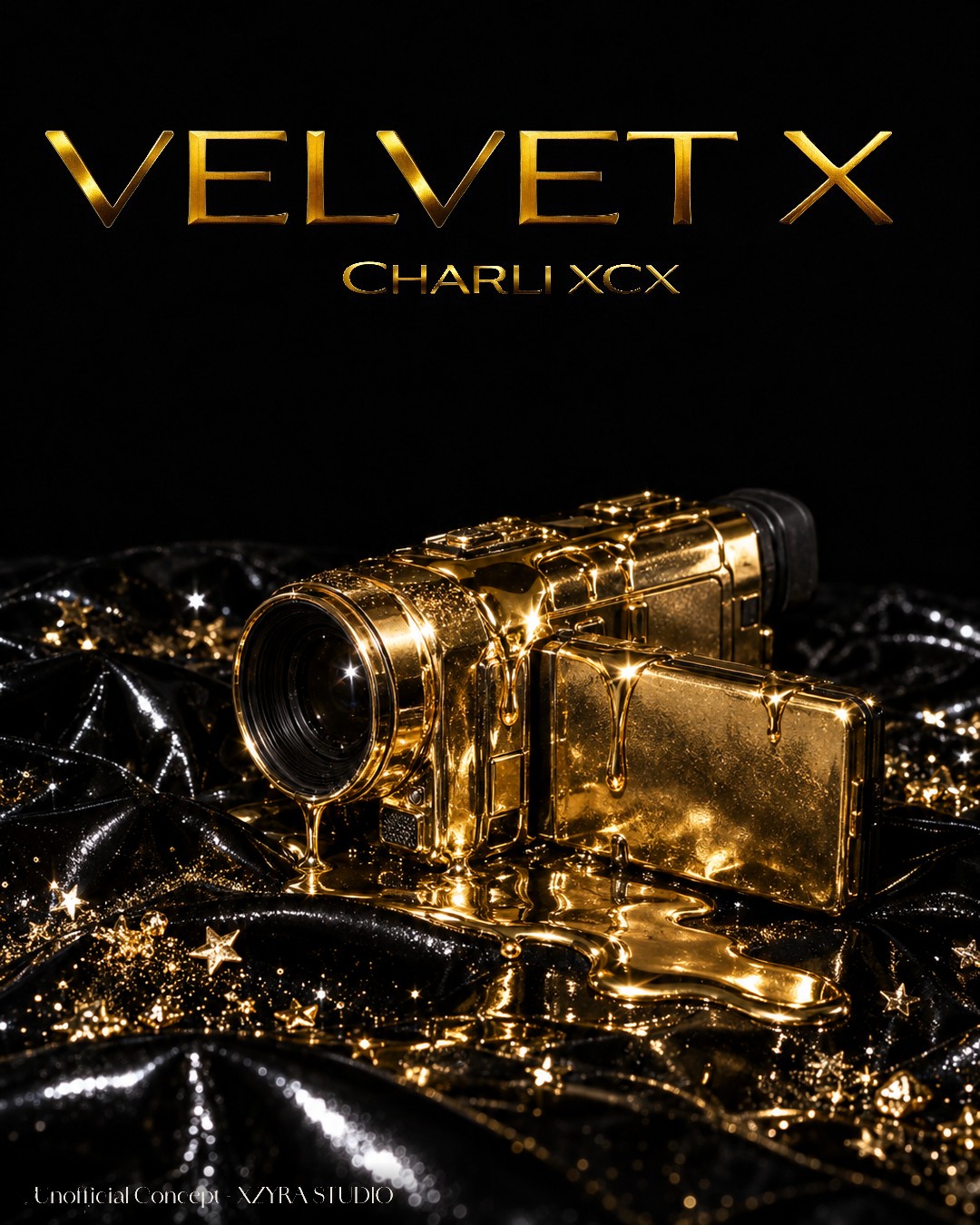 Velvet X unofficial album cover concept: a gold camcorder melting into molten gold on black